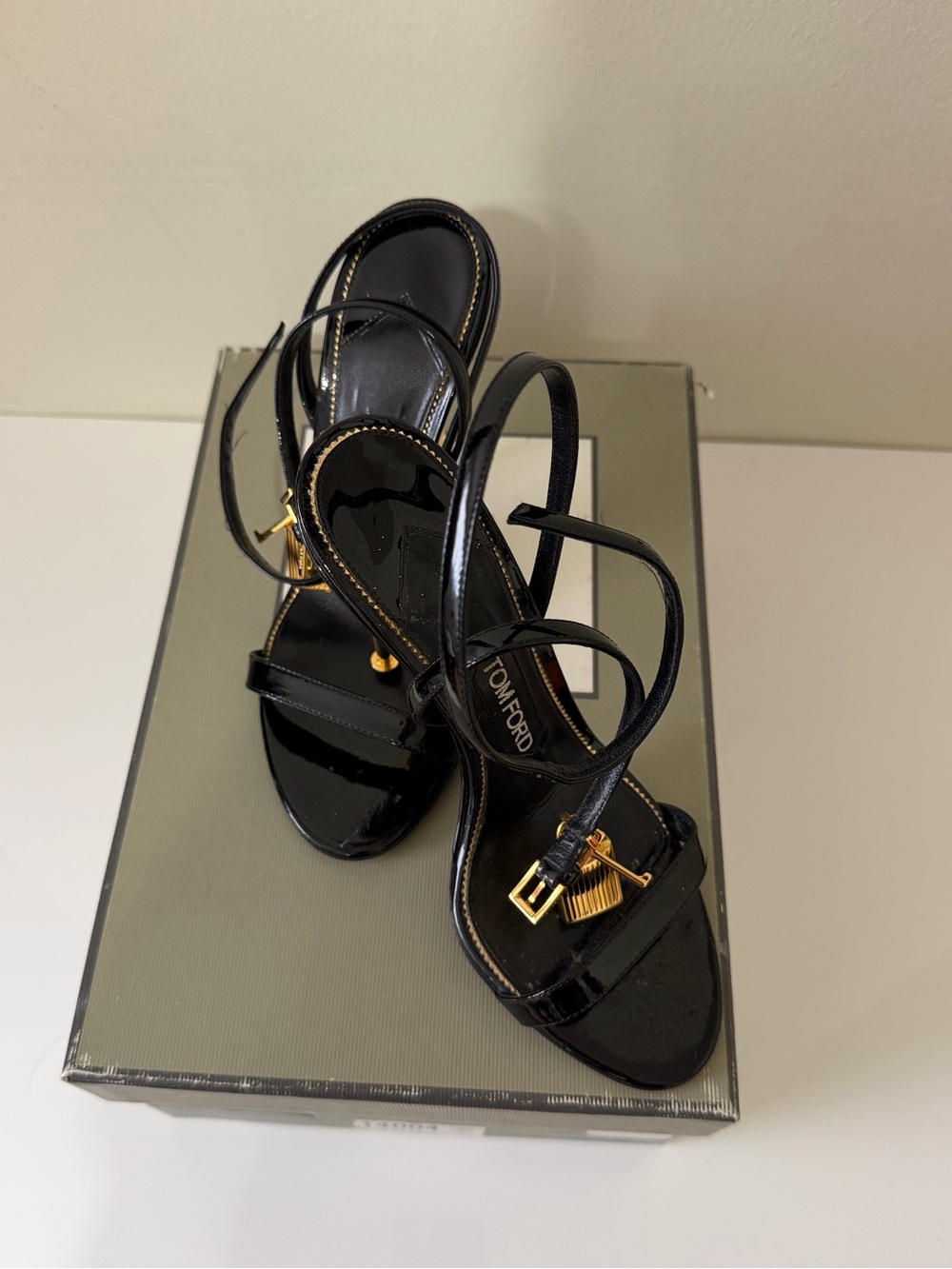 Tom Ford Black Patent Leather Strappy Heels with Gold Hardware